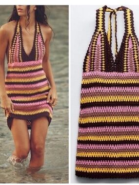 Zara Striped Crochet Halter in Pink, Yellow & Brown